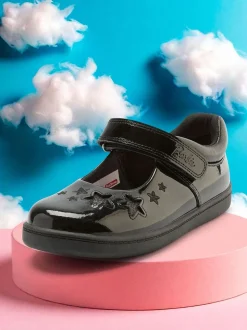 ToeZone Girls Barbie Patent Rip Tape School Black Shoes