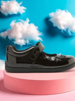 ToeZone Girls Barbie Patent Rip Tape School Black Shoes