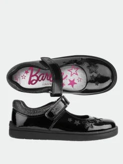 ToeZone Girls Barbie Patent Rip Tape School Black Shoes