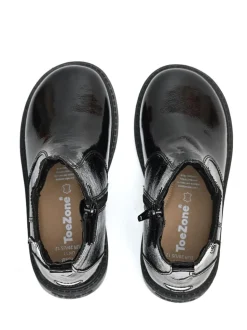 ToeZone Amara Girls Patent Leather Gusset and Zip Black Boots