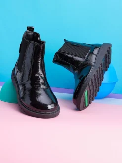 ToeZone Amara Girls Patent Leather Gusset and Zip Black Boots