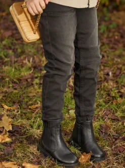 ToeZone Lily Girls Leather Gusset and Zip Ankle Black Boots