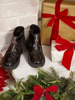 ToeZone Lydia Girls Patent Leather Zip Black Boots