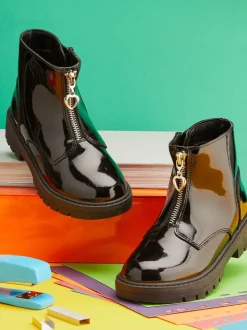 ToeZone Lydia Girls Patent Leather Zip Black Boots