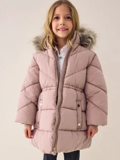 Toffee Pink Shower Resistant Faux Fur Trim Padded Coat (3-16yrs)