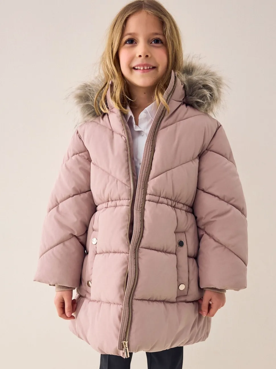 Toffee Pink Shower Resistant Faux Fur Trim Padded Coat (3-16yrs)