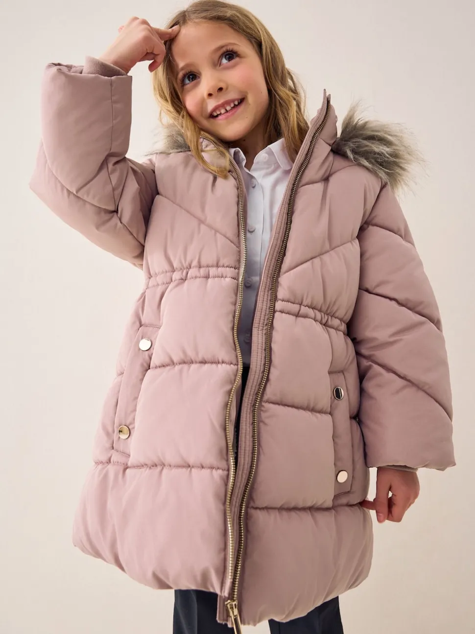 Toffee Pink Shower Resistant Faux Fur Trim Padded Coat (3-16yrs)
