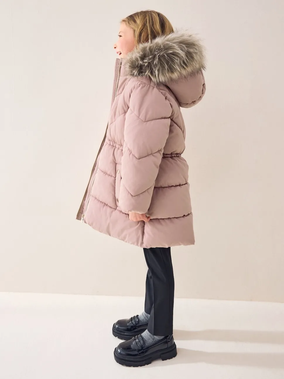 Toffee Pink Shower Resistant Faux Fur Trim Padded Coat (3-16yrs)
