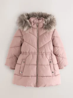 Toffee Pink Shower Resistant Faux Fur Trim Padded Coat (3-16yrs)