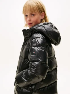 Tommy Hilfiger Black Shiny Relaxed Hooded Puffer Jacket
