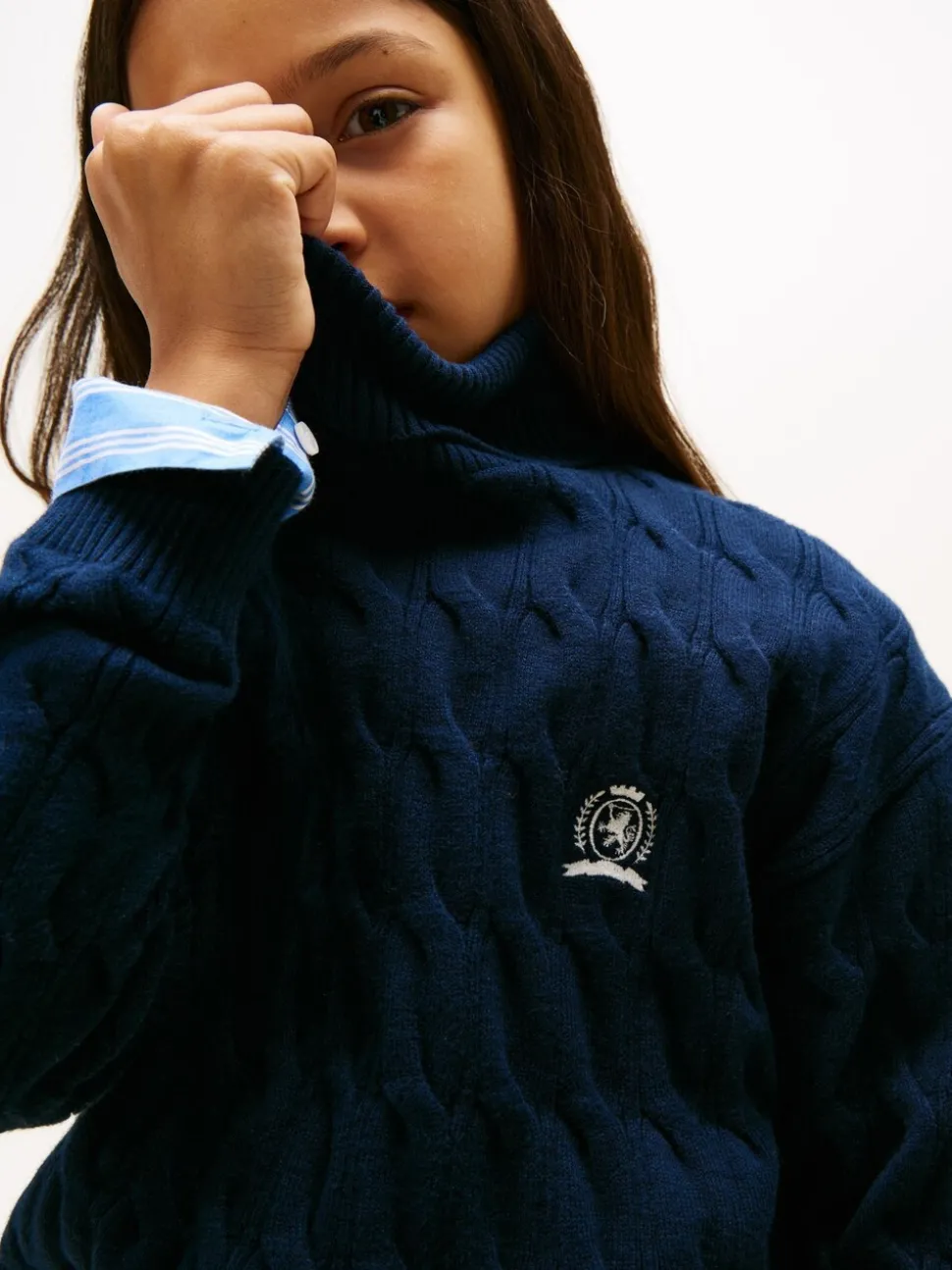 Tommy Hilfiger Blue Crest Embroidery Cable Knit Turtleneck Jumper