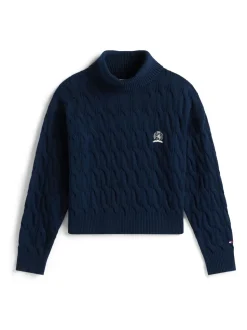 Tommy Hilfiger Blue Crest Embroidery Cable Knit Turtleneck Jumper