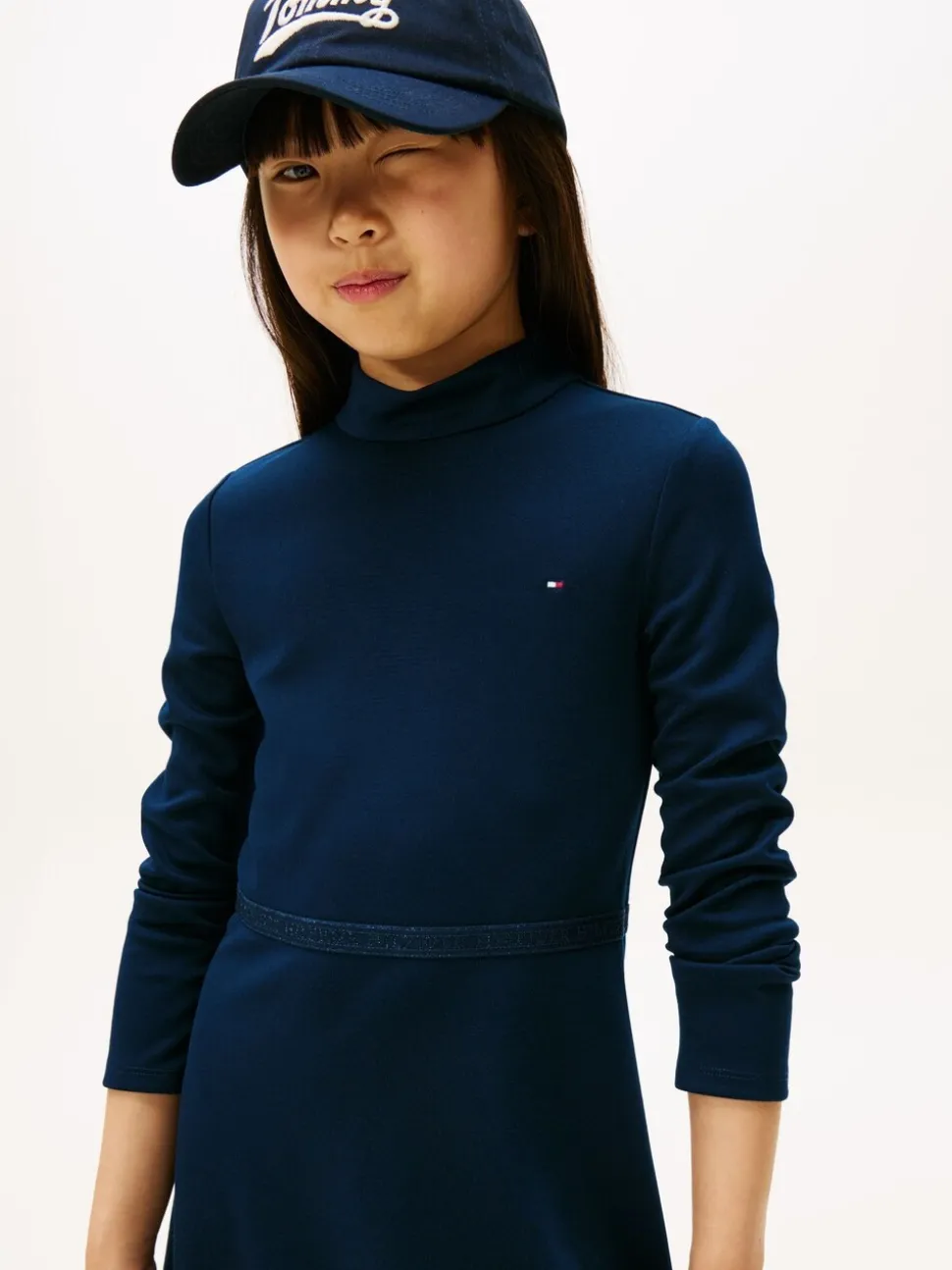 Tommy Hilfiger Blue Sparkle Logo Mock Neck Skater Dress