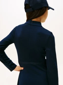 Tommy Hilfiger Blue Sparkle Logo Mock Neck Skater Dress