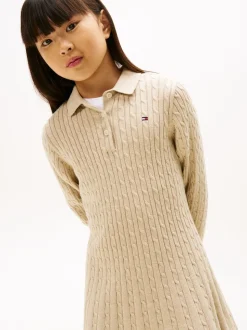 Tommy Hilfiger Cream Cable Knit Polo Collar Jumper Dress