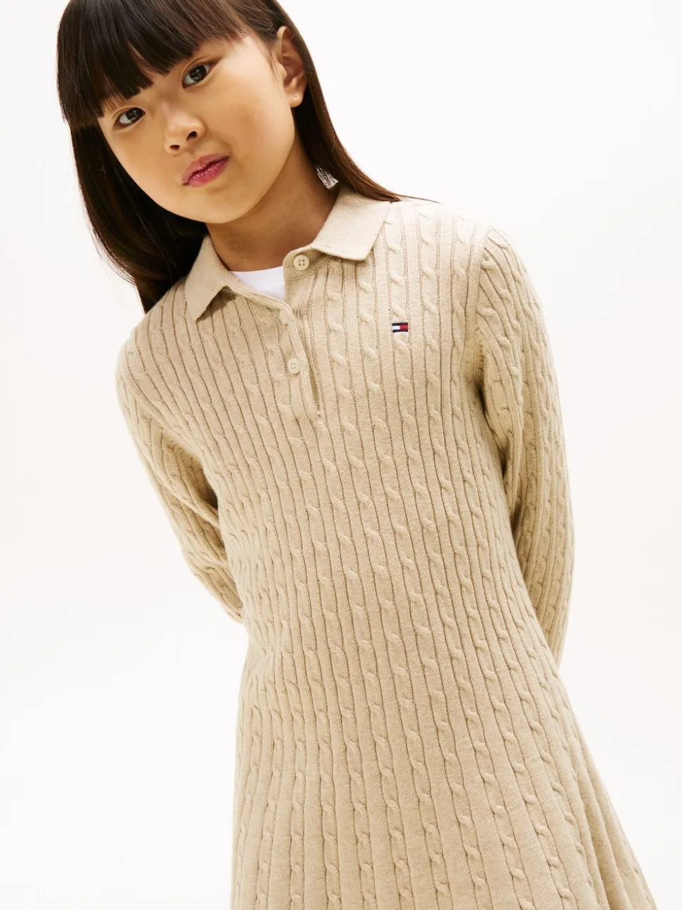 Tommy Hilfiger Cream Cable Knit Polo Collar Jumper Dress