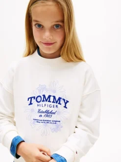 Tommy Hilfiger White Flock Logo Terry Crew Neck Sweatshirt