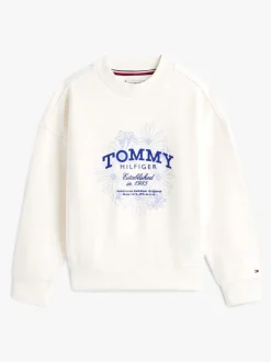 Tommy Hilfiger White Flock Logo Terry Crew Neck Sweatshirt