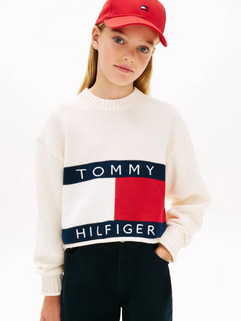 Tommy Hilfiger White Logo Embroidery Relaxed Crew Neck Jumper