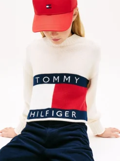 Tommy Hilfiger White Logo Embroidery Relaxed Crew Neck Jumper