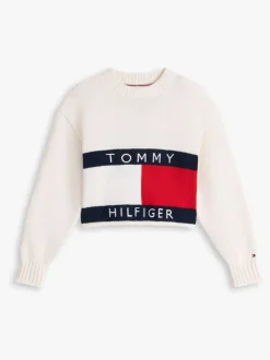 Tommy Hilfiger White Logo Embroidery Relaxed Crew Neck Jumper
