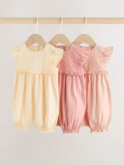 Tonal Pink Broderie 3 Pack Baby Rompers