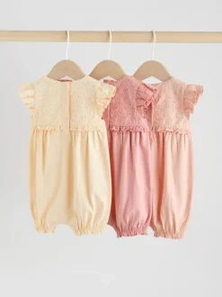 Tonal Pink Broderie 3 Pack Baby Rompers