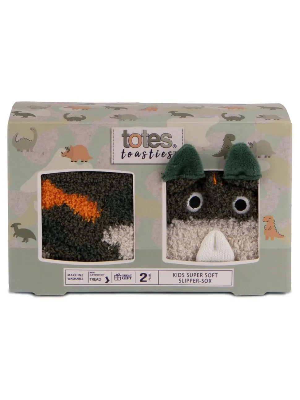 Totes Green Supersoft Winter Slipper Dinosaur Socks 2 Pack