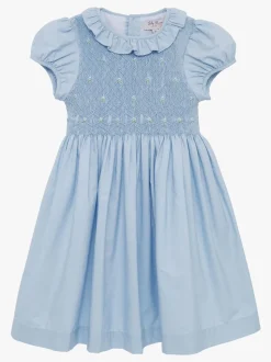 Trotters London Blue Willow Rose Hand Smocked 100% Cotton Dress