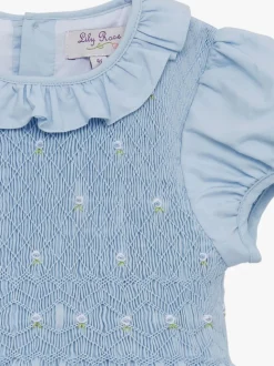 Trotters London Blue Willow Rose Hand Smocked 100% Cotton Dress
