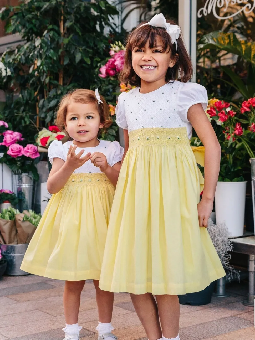 Trotters London Girls Lemon Yellow Rose Hand Smocked Dress
