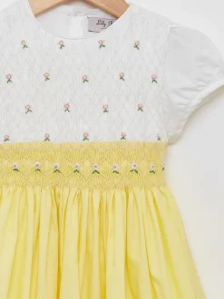 Trotters London Girls Lemon Yellow Rose Hand Smocked Dress