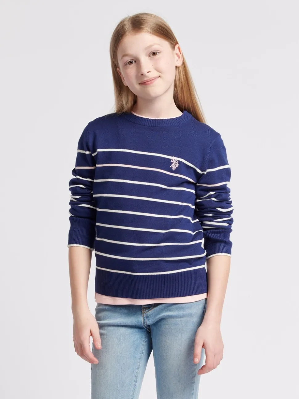 U.S. Polo Assn Blue U.S. Polo Assn. Girls Blue Stripe Crew Jumper