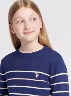 U.S. Polo Assn Blue U.S. Polo Assn. Girls Blue Stripe Crew Jumper