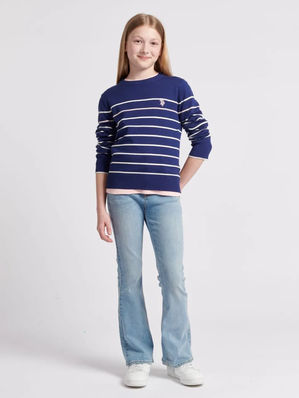 U.S. Polo Assn Blue U.S. Polo Assn. Girls Blue Stripe Crew Jumper