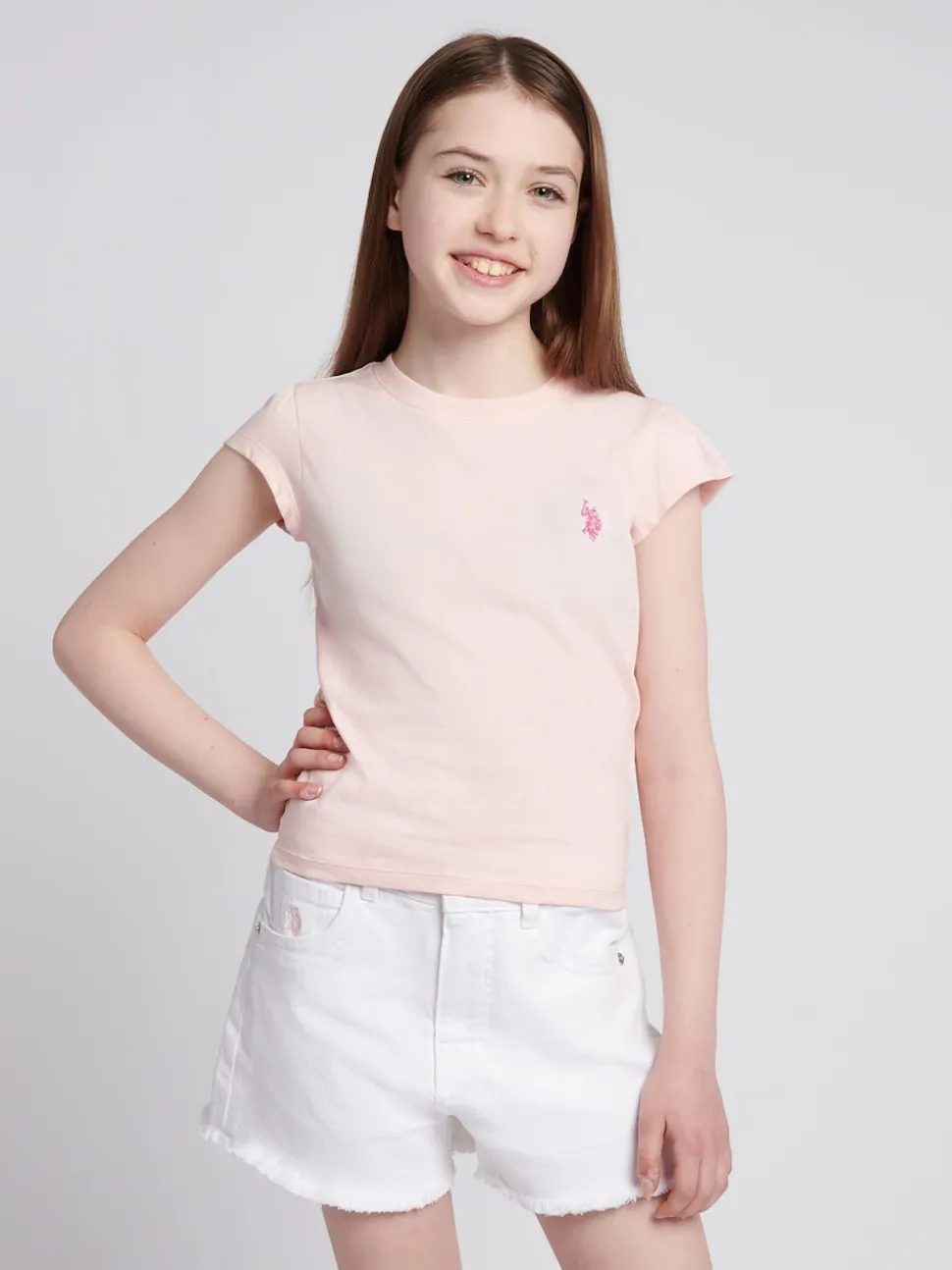 U.S. Polo Assn. Pink Girls Double Horsemen Mixed Cap Sleeve T-Shirts 2 Pack