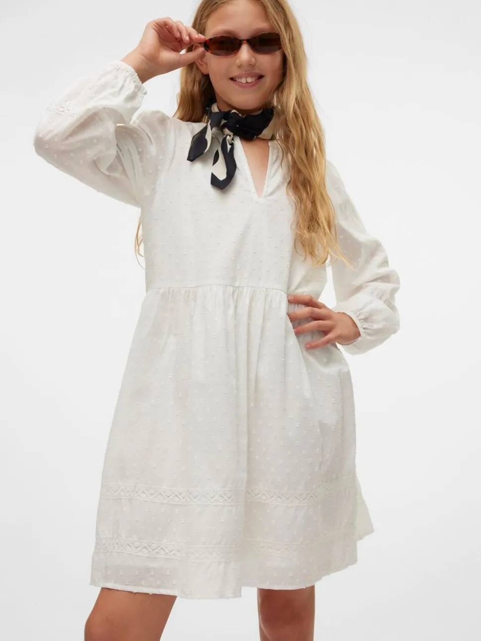 VERO MODA White Long Sleeved Lace Detail Woven Mini Dress