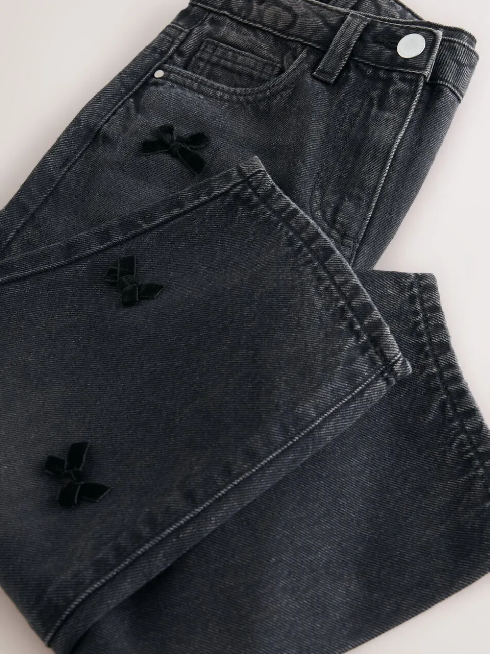 Washed Black Bow Embroidered Barrel Jeans (3-16yrs)