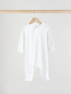 White 100% Cotton Two Way Zip Baby Footless Sleepsuits 3 Pack (0mths-2yrs)