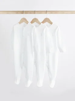 White 3 Pack 100% Cotton Baby Sleepsuits (0-18mths)