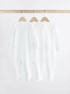 White 3 Pack 100% Cotton Baby Sleepsuits (0-18mths)