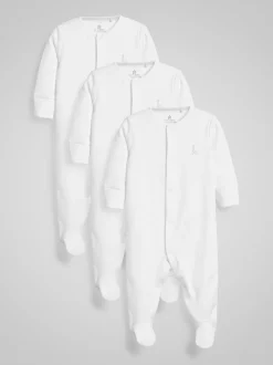 White 3 Pack 100% Cotton Baby Sleepsuits (0-18mths)