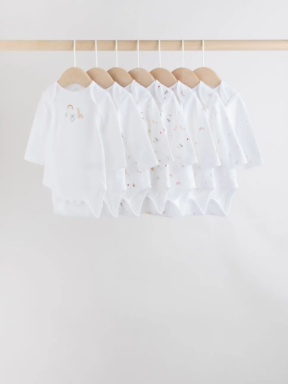 White Character 7 Pack Long Sleeve 100% Cotton Baby Bodysuits