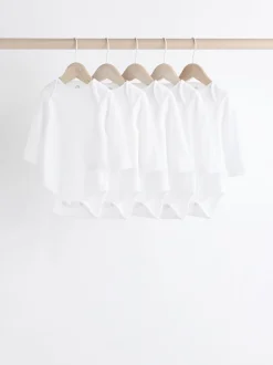 White Long Sleeve Rib Baby Bodysuits 5 Pack