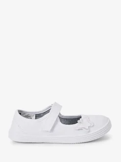 White Standard Fit (F) Butterfly Embroidered School Plimsoll Shoes