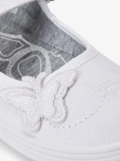 White Standard Fit (F) Butterfly Embroidered School Plimsoll Shoes