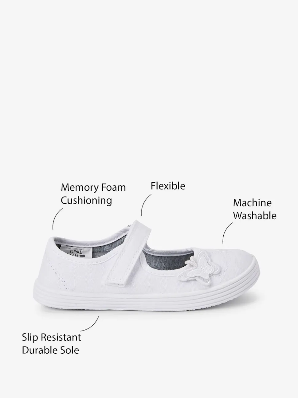 White Standard Fit (F) Butterfly Embroidered School Plimsoll Shoes