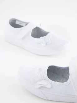 White Standard Fit (F) Butterfly Embroidered School Plimsoll Shoes