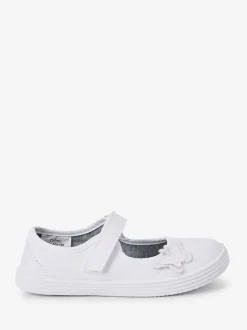 White Standard Fit (F) Butterfly Embroidered School Plimsoll Shoes