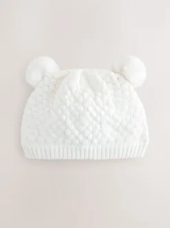 White Baby Double Pom Knitted Hat (0mths-2yrs)
